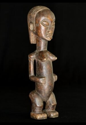 Découvrez cette statue Fang Gabon représentant une jeune femme, en bois à patine foncée et brillante. Collectée au Gabon en 1962.