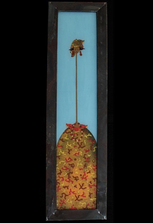 Découvrez ce tableau sous verre Sénégal de Babacar Ngom, spécialiste des personnages à long cou. Une œuvre originale de peinture sénégalaise.